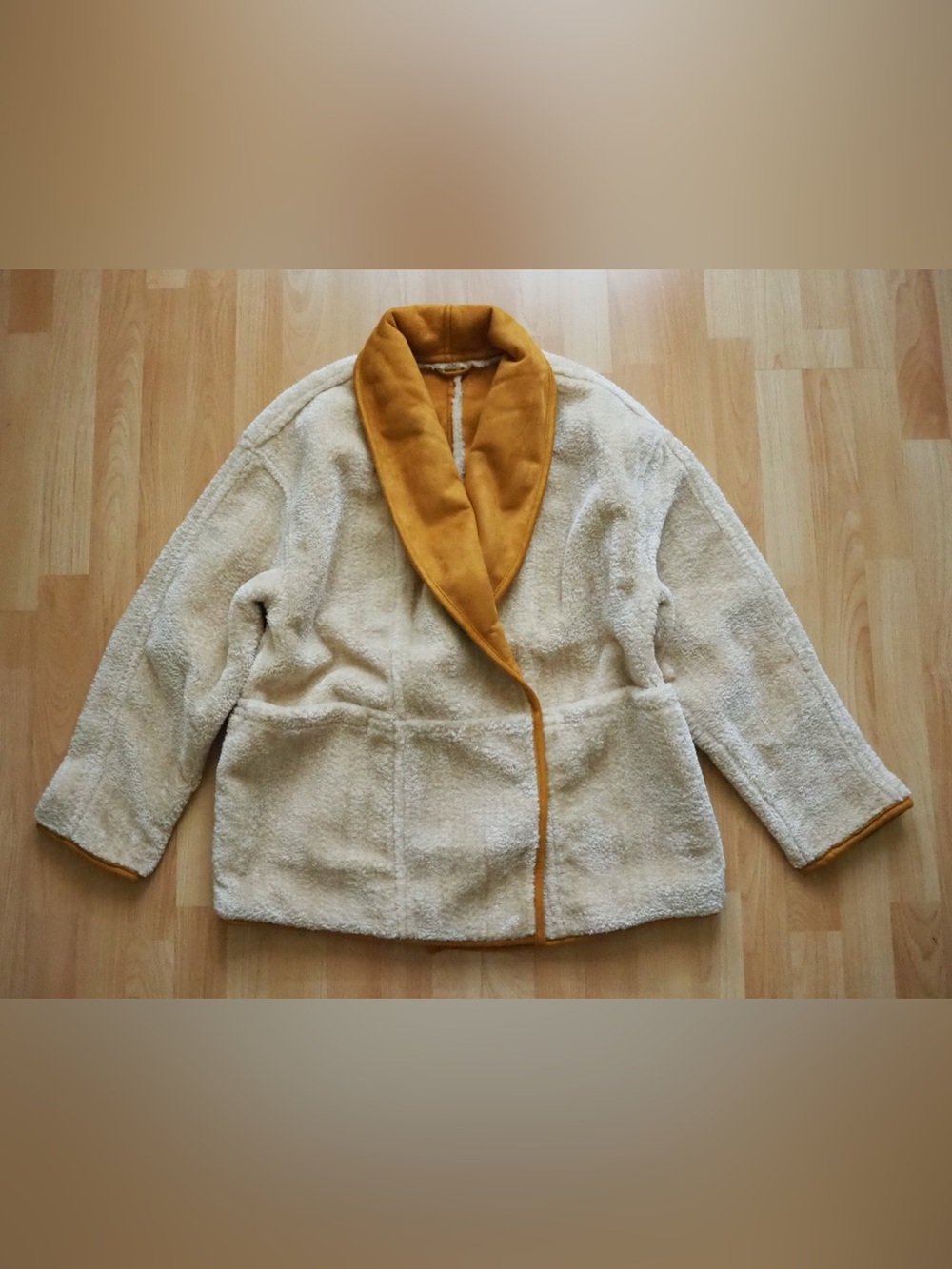 ASOS Cream Teddy Jacket with Mustard Shawl Collar